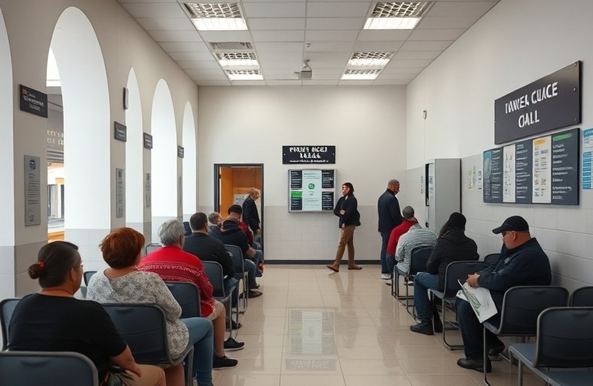 Después — Turnos separados por tipo de trámite y sala de espera ordenada.